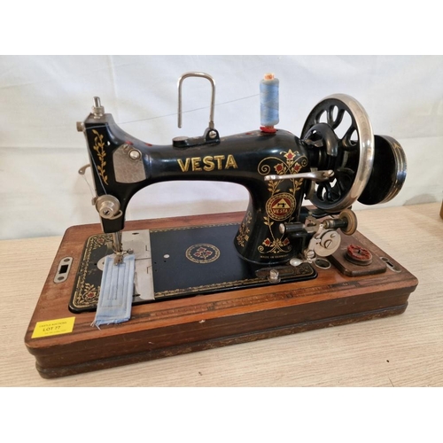 77 - Antique Vesta Cast Iron Sewing Machine, Hand Crank, * Basic Test & Working *