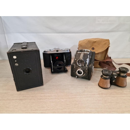 85 - Vintage Kodak Box Camera (No. 116, 2A Brownie), Together with 2 x Other Cameras & Opera Glasses (For... 