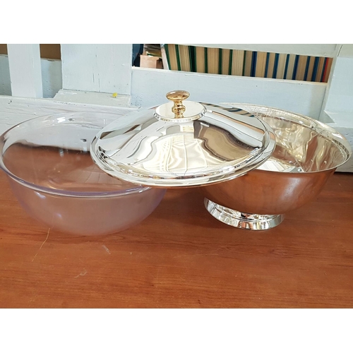 129 - Silver Plated Round Dish with Lid and Bowl (Plastic), (Ø26 x H:22cm), (Un-Used)