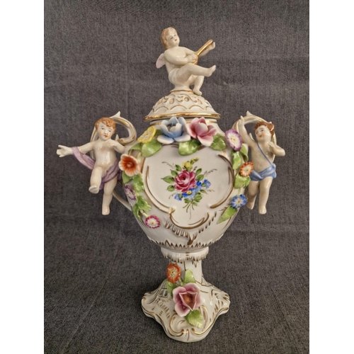 120 - Meissen / Dresden Style, or Continental Style Porcelain Lidded Urn with Twin Handles, Cherubs and Or... 