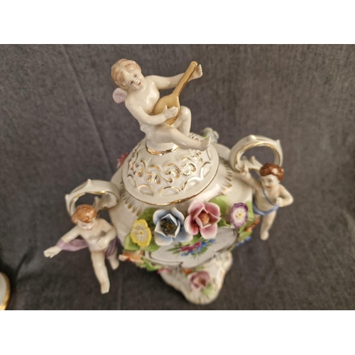 120 - Meissen / Dresden Style, or Continental Style Porcelain Lidded Urn with Twin Handles, Cherubs and Or... 