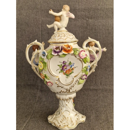 120 - Meissen / Dresden Style, or Continental Style Porcelain Lidded Urn with Twin Handles, Cherubs and Or... 