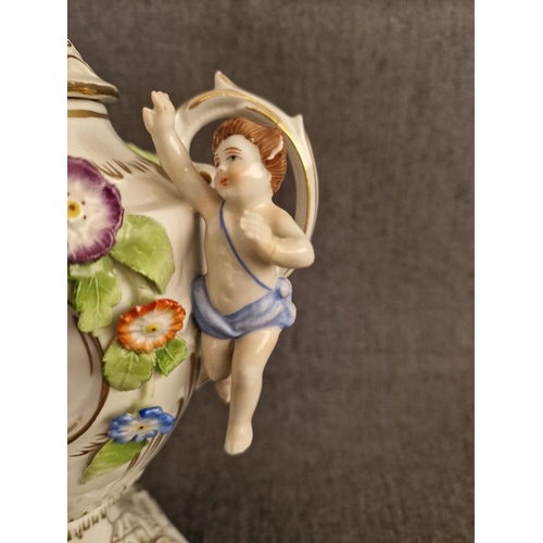 120 - Meissen / Dresden Style, or Continental Style Porcelain Lidded Urn with Twin Handles, Cherubs and Or... 