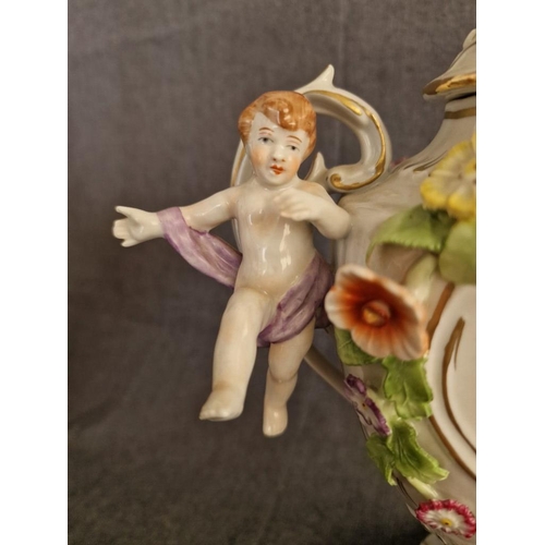 120 - Meissen / Dresden Style, or Continental Style Porcelain Lidded Urn with Twin Handles, Cherubs and Or... 