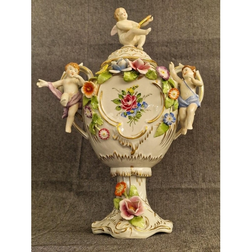 120 - Meissen / Dresden Style, or Continental Style Porcelain Lidded Urn with Twin Handles, Cherubs and Or... 