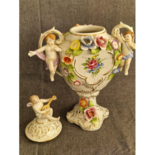 120 - Meissen / Dresden Style, or Continental Style Porcelain Lidded Urn with Twin Handles, Cherubs and Or... 