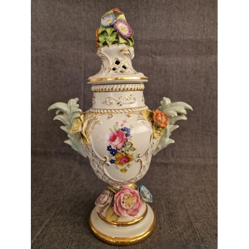 121 - Meissen / Dresden Style, or Continental Style Porcelain Lidded Urn with Twin Handles and Ornate Flor... 