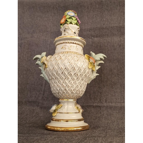 121 - Meissen / Dresden Style, or Continental Style Porcelain Lidded Urn with Twin Handles and Ornate Flor... 