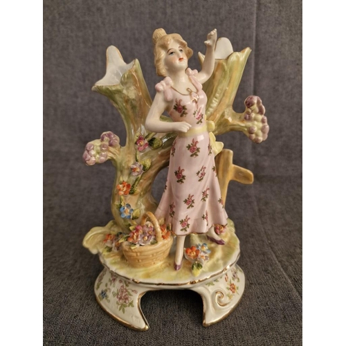 123 - Meissen Style / Continental Style Porcelain Female Figurine with 2 x Tree Effect Bud Vases and Flora... 