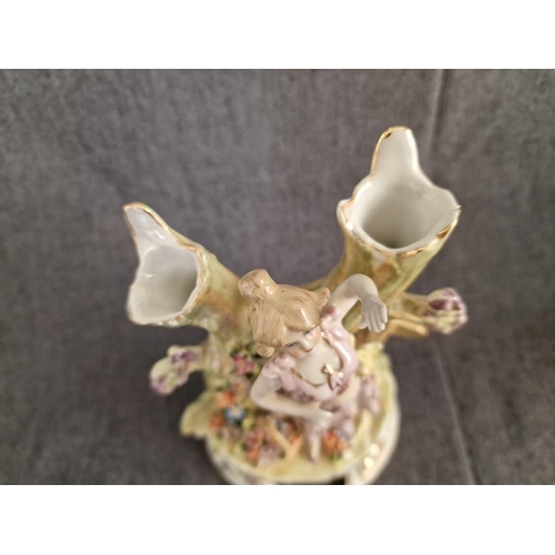 123 - Meissen Style / Continental Style Porcelain Female Figurine with 2 x Tree Effect Bud Vases and Flora... 