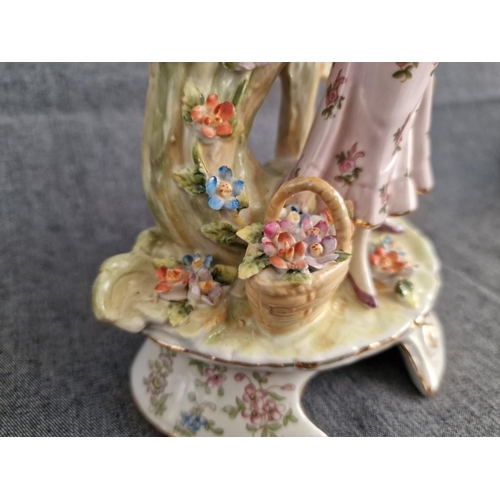 123 - Meissen Style / Continental Style Porcelain Female Figurine with 2 x Tree Effect Bud Vases and Flora... 