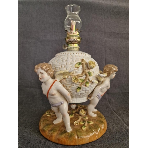 124 - Meissen or Dresden Style / Continental Style Porcelain Oil Lamp; Round Woven Basket Effect Centre Su... 