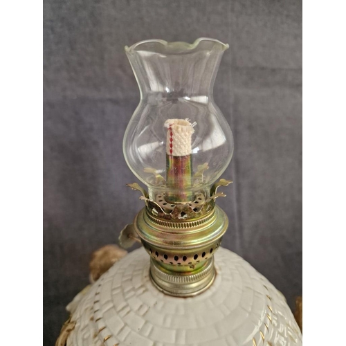 124 - Meissen or Dresden Style / Continental Style Porcelain Oil Lamp; Round Woven Basket Effect Centre Su... 