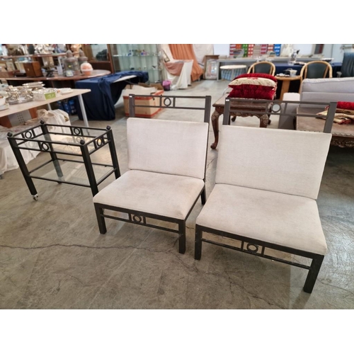 160 - Pair of Heavy Metal Chairs with Cream Padded Fabric Seat & Back Rest, Together with Matching Metal T... 