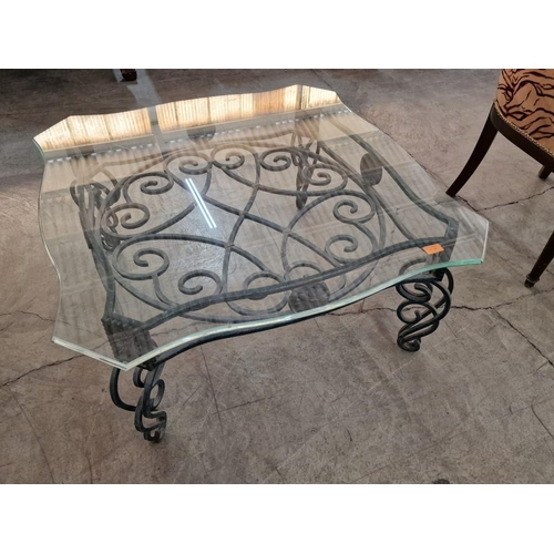 162 - Large Square Heavy Wrought Iron Effect Coffee Table with Shaped Glass Top and Decorative Lower Shelf... 