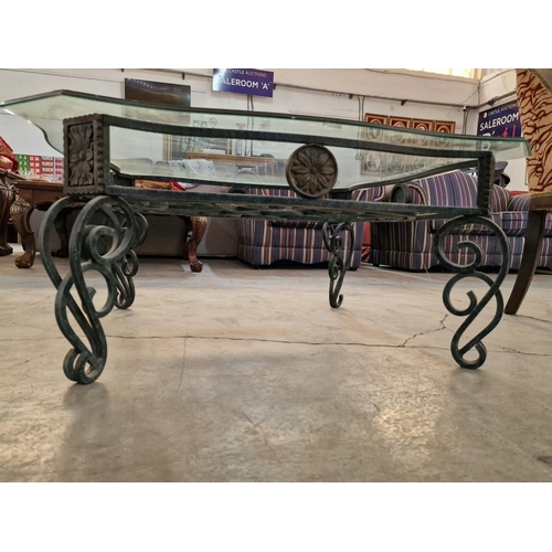 162 - Large Square Heavy Wrought Iron Effect Coffee Table with Shaped Glass Top and Decorative Lower Shelf... 