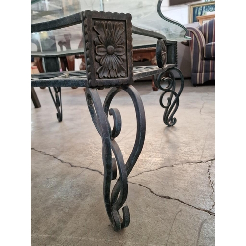 162 - Large Square Heavy Wrought Iron Effect Coffee Table with Shaped Glass Top and Decorative Lower Shelf... 