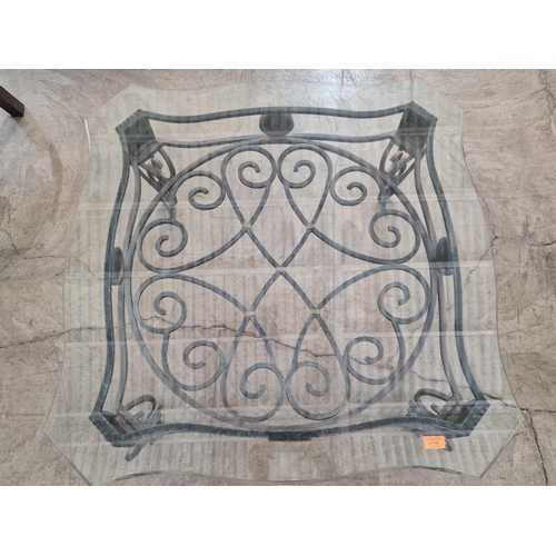 162 - Large Square Heavy Wrought Iron Effect Coffee Table with Shaped Glass Top and Decorative Lower Shelf... 