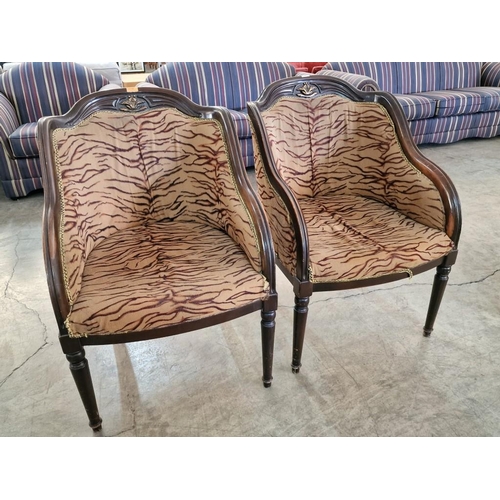 166 - Pair of Classical Style Chairs with Leopard Design / Beige & Brown Pattern Fabric and Carved Wood Su... 