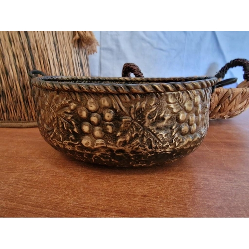 389 - Wicker Basket, Wicker Twin Handle Bowl and Decorative Metal Twin Handle Bowl, (3)