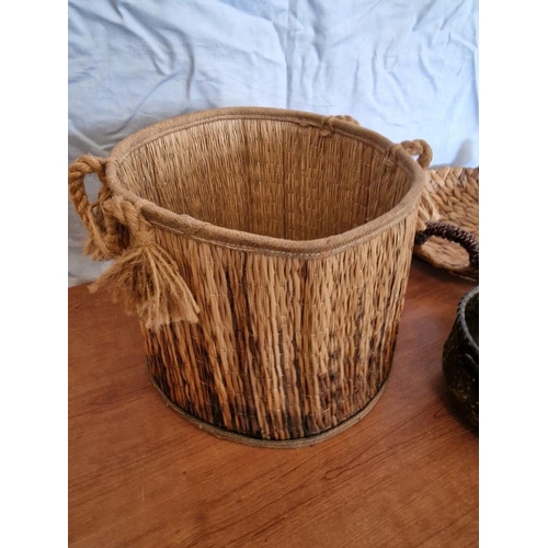 389 - Wicker Basket, Wicker Twin Handle Bowl and Decorative Metal Twin Handle Bowl, (3)