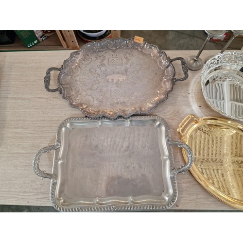 396 - Collection of Tableware; Various Silver & Gold Colour Serving Trays, Pierced White Metal Bowl and Ca... 