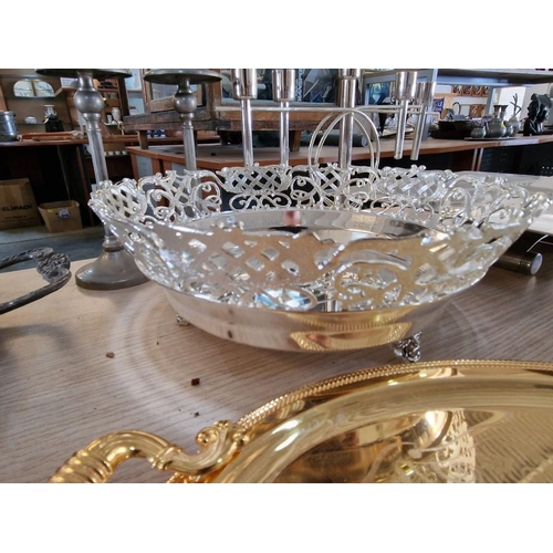 396 - Collection of Tableware; Various Silver & Gold Colour Serving Trays, Pierced White Metal Bowl and Ca... 