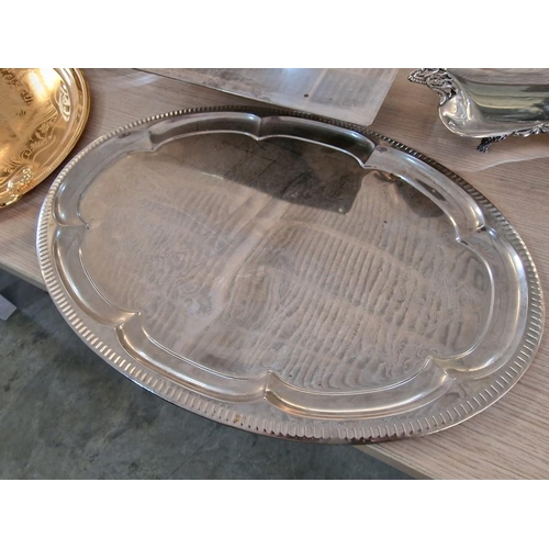 396 - Collection of Tableware; Various Silver & Gold Colour Serving Trays, Pierced White Metal Bowl and Ca... 