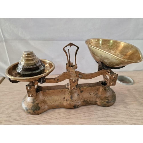 1 - Set of Vintage Kitchen Balance Scales with Brass Pans and Set of 6 x Brass Weights