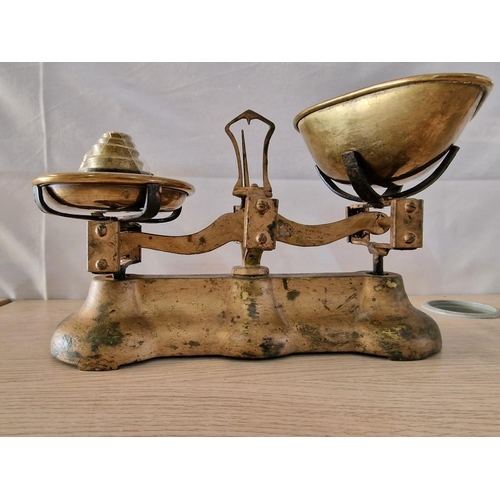 1 - Set of Vintage Kitchen Balance Scales with Brass Pans and Set of 6 x Brass Weights