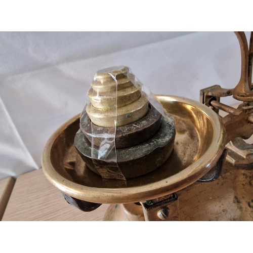 1 - Set of Vintage Kitchen Balance Scales with Brass Pans and Set of 6 x Brass Weights