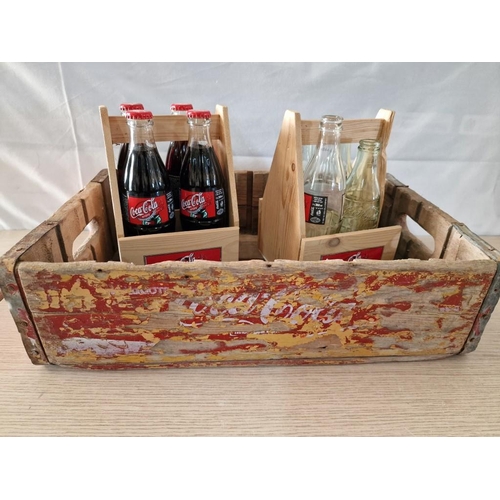 100 - Antique Wooden Coca Cola Crate, Together with 2 x Wooden 4-Bottle Holders / Carriers and 8 x Coca Co... 