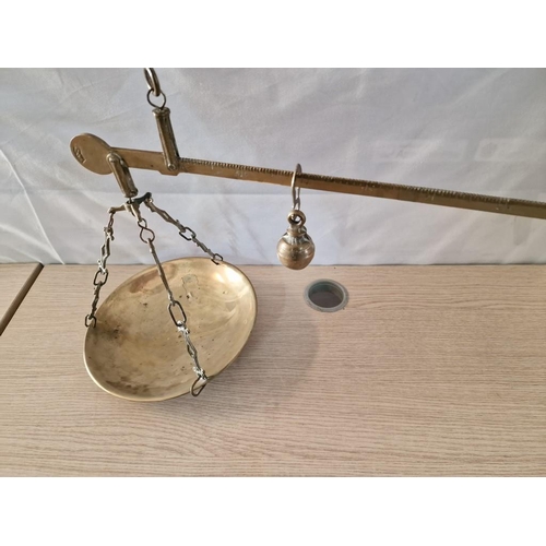 11 - Vintage Brass Hanging Balance Scales with Sliding Weight, (Approx. Bar: 40cm, Pan 25cm)