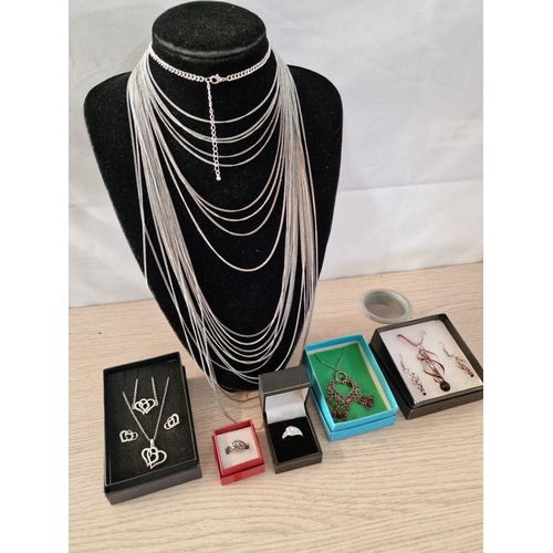 12 - Jewellery Collection; Long Silver Coloured Multi-Strand Necklace on Stand, Together with 5 x Boxed I... 