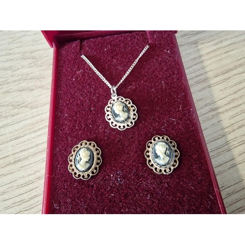 13 - Jewellery Set of Wedgwood / Cameo Style Pendant and Matching Earring with Decorative White Metal Sur... 