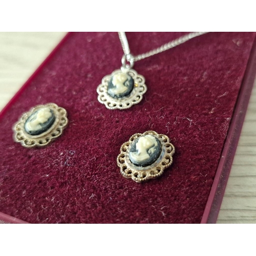 13 - Jewellery Set of Wedgwood / Cameo Style Pendant and Matching Earring with Decorative White Metal Sur... 