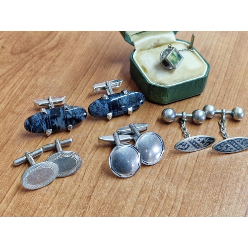 148 - 4 x Pair of Sterling Silver Cufflinks, Together with Vintage Gold on Silver Tie Pin in Box, (5)