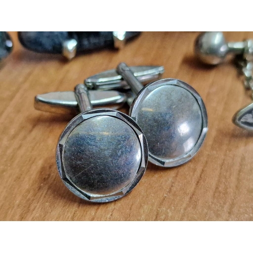 148 - 4 x Pair of Sterling Silver Cufflinks, Together with Vintage Gold on Silver Tie Pin in Box, (5)