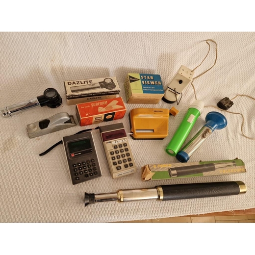 152 - Collection of Vintage Items; Surform Block Plane, Dazlite Hand Magnyfier, 2 x Calculators, 2 Torches... 