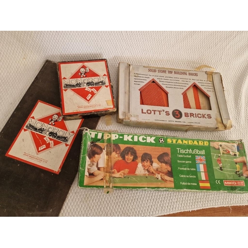 155 - 3 x Vintage Games; Monopoly, Tipp-Kick Table Football and Lott's Bricks 3, (3)