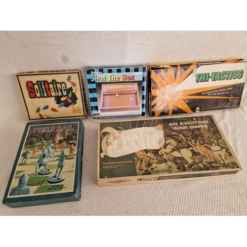 156 - Collection of Vintage Games; Solitaire, Shut the Box, Tri-Tactics, Castle Checkers and Feudal, (5)