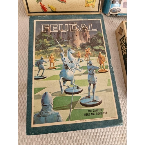 156 - Collection of Vintage Games; Solitaire, Shut the Box, Tri-Tactics, Castle Checkers and Feudal, (5)