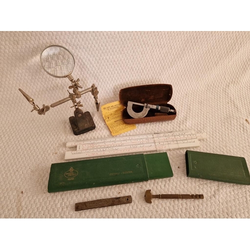 159 - Collection of Vintage Scientific Instruments; Micrometer, Desk / Table Top Clamps with Magnifying Gl... 