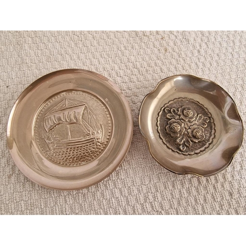 194 - 2 x Silver (.830) Round Dishes; One with Embossed Ship Design, One with Fluted Edge and Embossed Flo... 