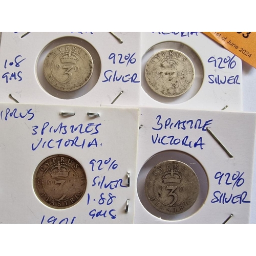 203 - Cyprus Silver Coins; 4 x 1901 Queen Victoria 3 (Three) Piastre, (Each 18mm, 1.88g, .925 Sterling Sil... 