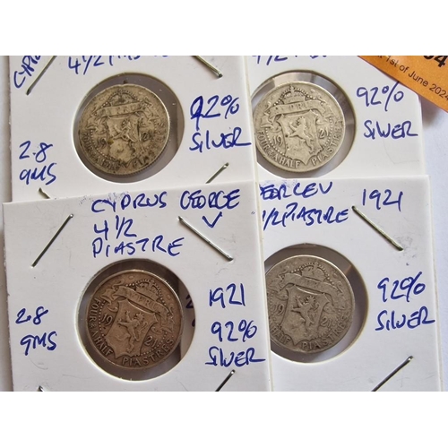 204 - Cyprus Silver Coins; 4 x 1921 King George V Four & Half Piastre, (Each 19.5mm, 2.82g, .925 Sterling ... 