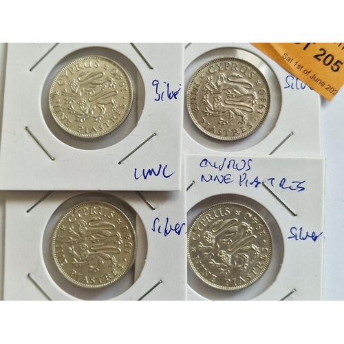 205 - Cyprus Silver Coins; 4 x 1940 King George V Nine Piastre, (Each 23.7mm, 5.65g, .925 Sterling Silver)... 