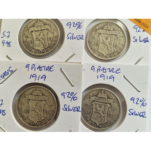 206 - Cyprus Silver Coins; 4 x 1919 King George V Nine Piastre, (Each 23.7mm, 5.65g, .925 Sterling Silver)... 