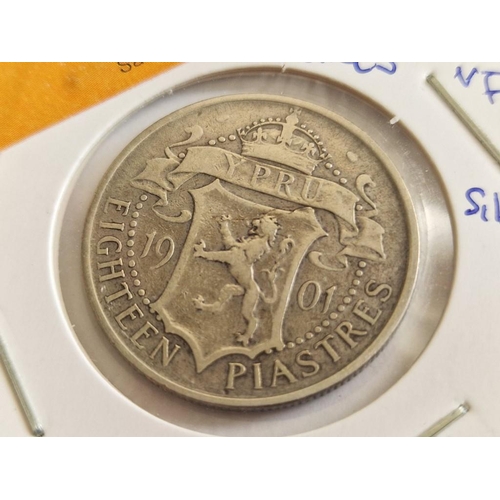 208 - Cyprus Silver Coin; 1901 Queen Victoria Eighteen Piastre, (29.8mm, 11.31g, .925 Sterling Silver), F/... 