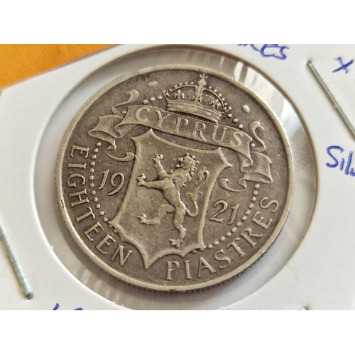 210 - Cyprus Silver Coin; 1921 King George V Eighteen Piastre, (29.8mm, 11.31g, .925 Sterling Silver), VF,